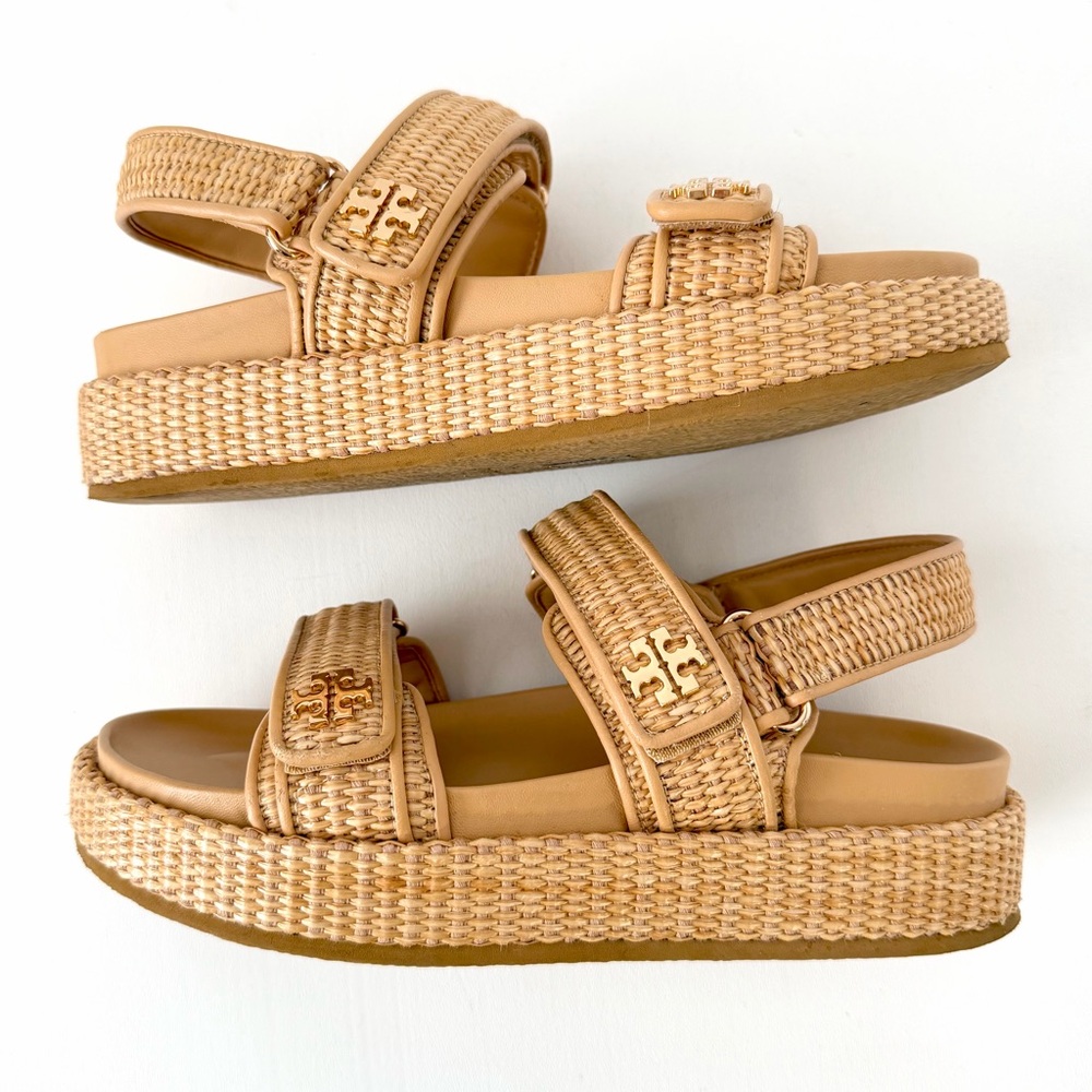 TORY BURCH || Kira Raffia Platform Sport Sandals Double T Logo Resort Summer 8.5 - Picture 3 of 13